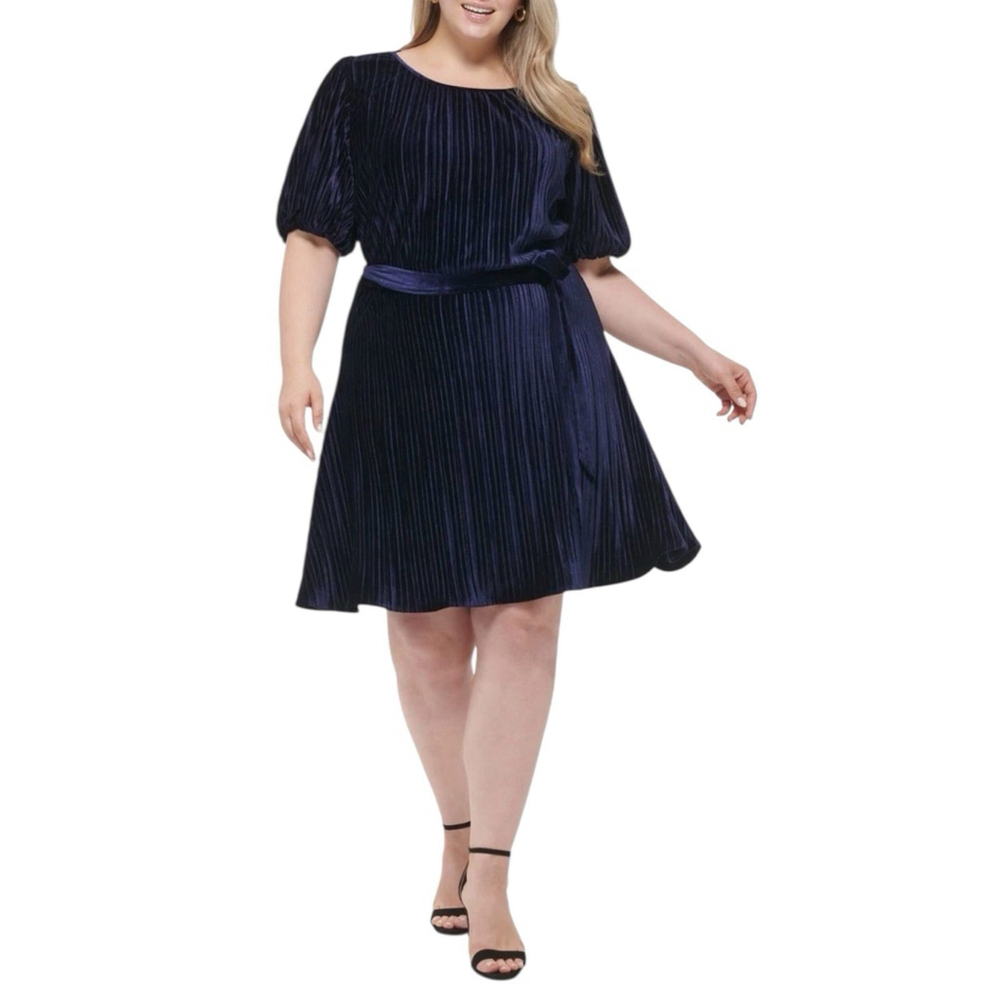 DKNY Navy Blue Pleated Velvet Midi Dress